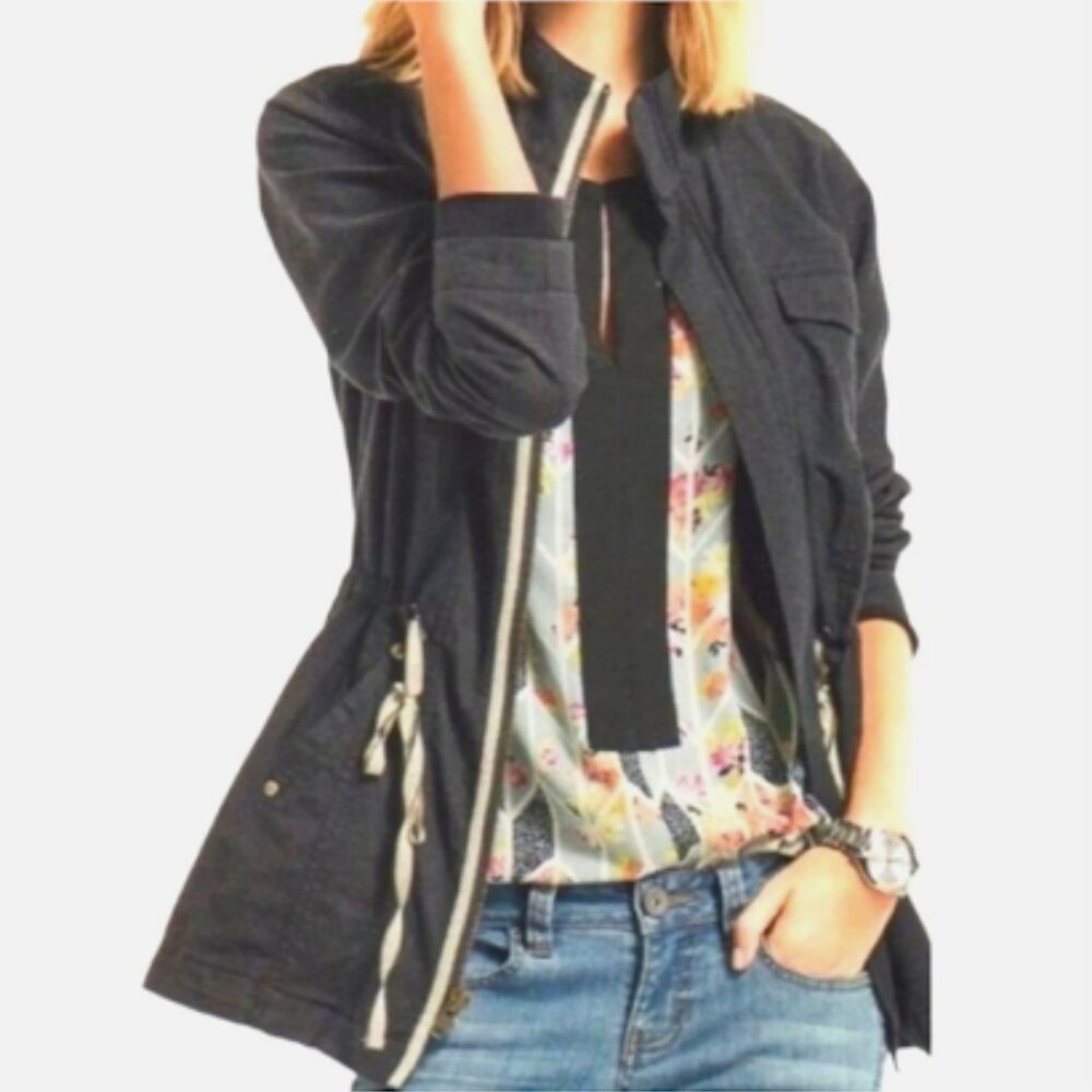 Cabi Style #209 Weekend Utility Full Zip Waist Drawstring Gray Jacket L Large